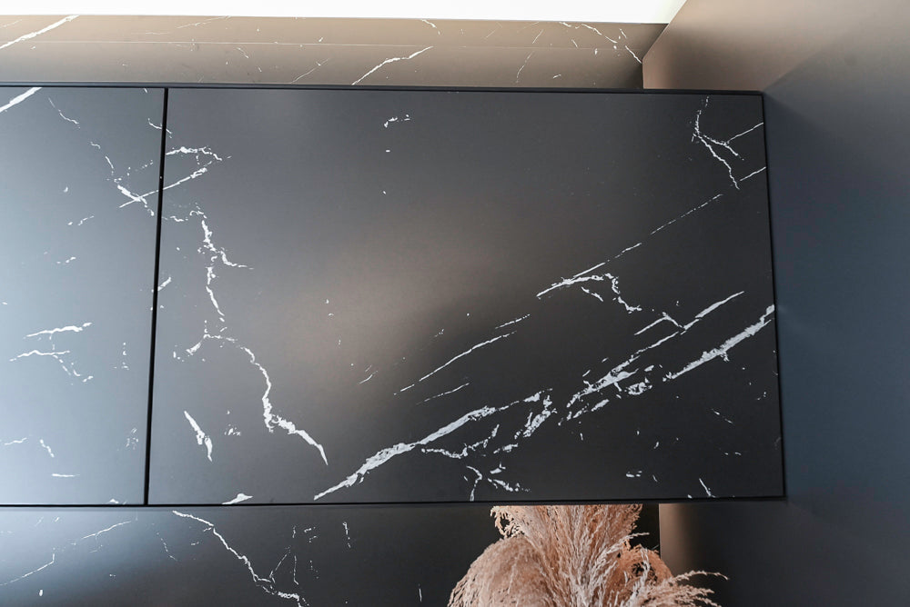 DOCA Modern Light Gold & Black Kitchen Wall Display with Neolith Countertops