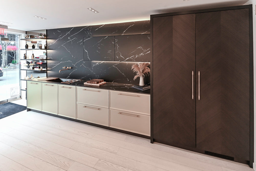 DOCA Modern Light Gold & Black Kitchen Wall Display with Neolith Countertops