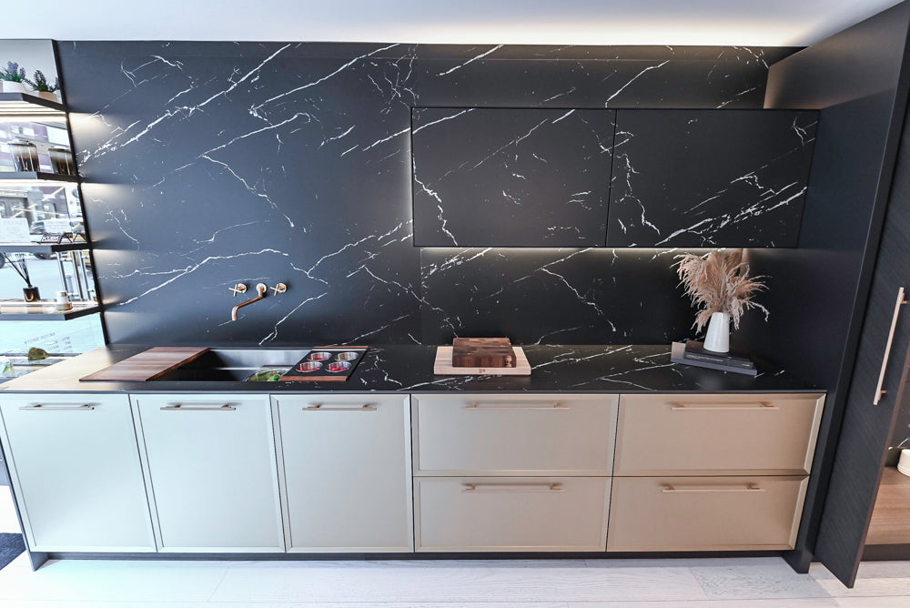 DOCA Modern Light Gold & Black Kitchen Wall Display with Neolith Countertops
