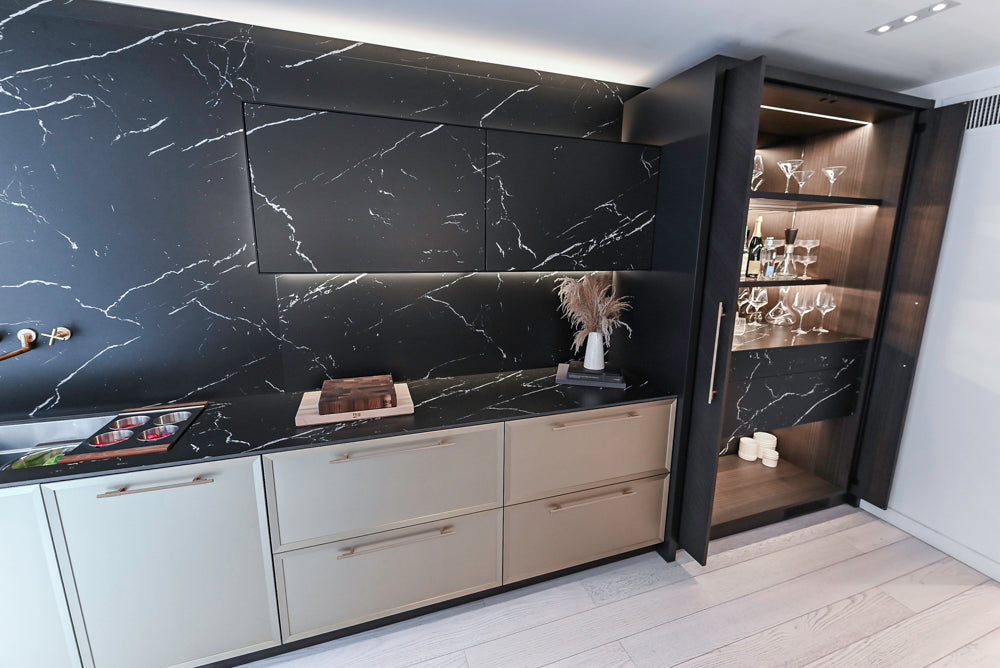 DOCA Modern Light Gold & Black Kitchen Wall Display with Neolith Countertops