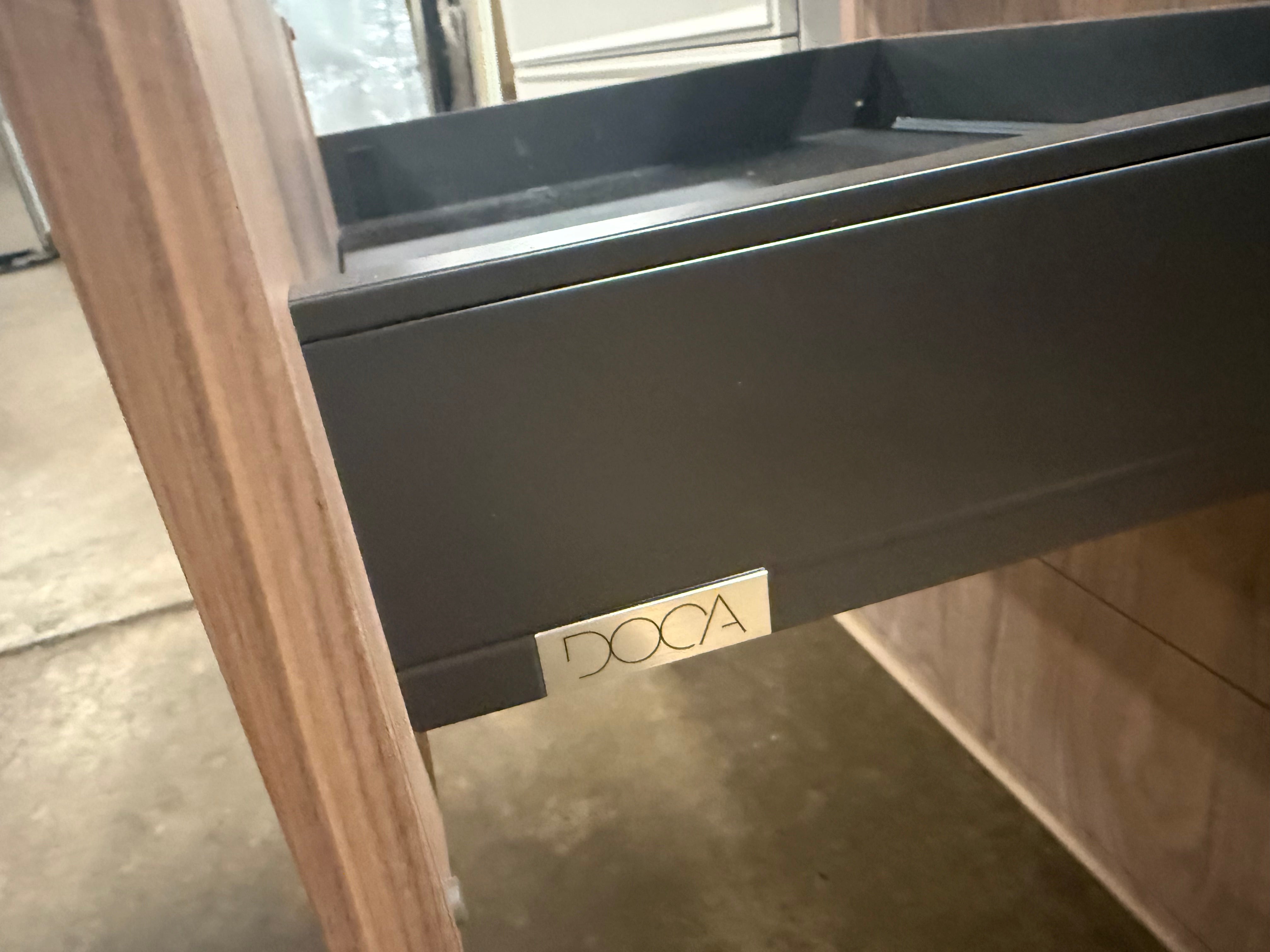 Luxury modern powder room featuring a 24 inch freestanding DOCA walnut vanity base waiting for a marble top