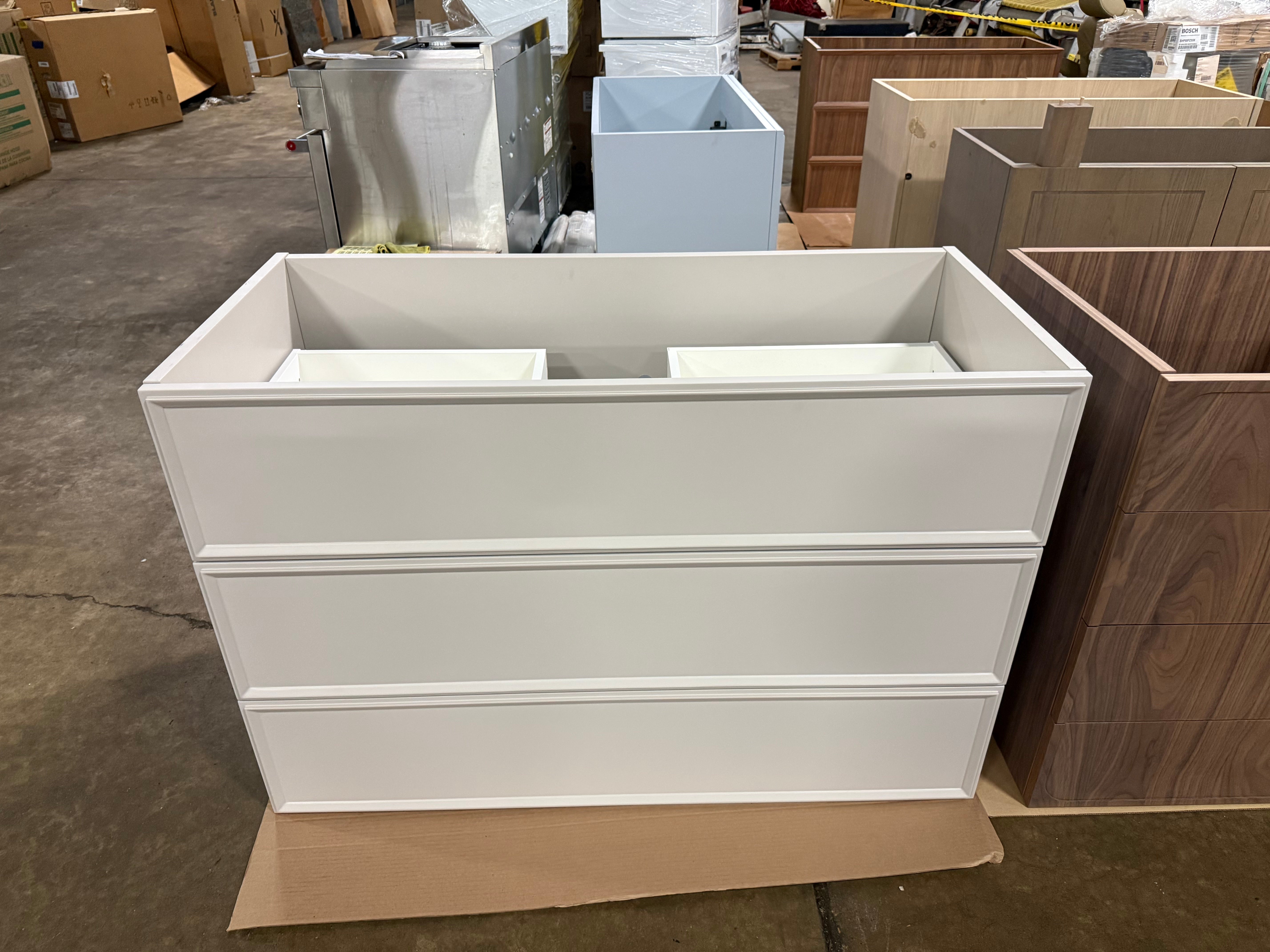 DOCA Modern 47 inch freestanding bathroom vanity base in matte off white cabinet front view