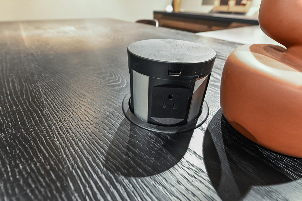 Cesar Modern Dark Wood Tone Kitchen with Black Wood Veneer Countertops and Custom Marble Sink