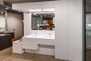 White Modern Vanity Set with Double Sinks and Matching Wardrobe Closet System