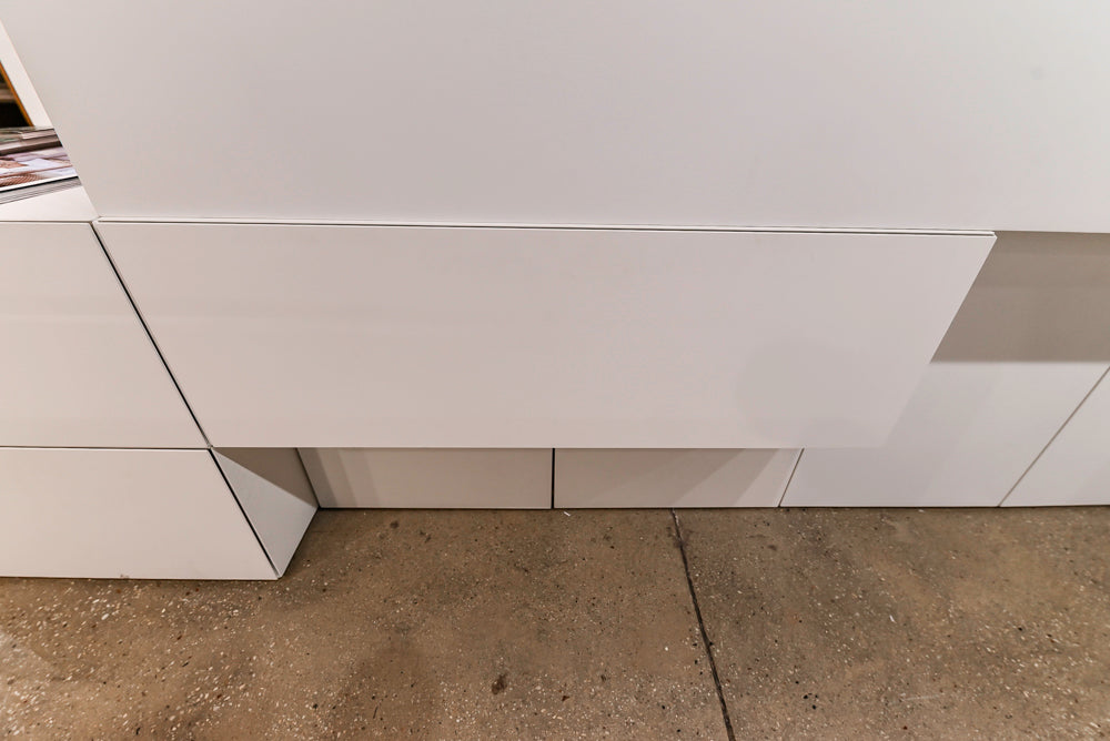 White Modern Vanity Set with Double Sinks and Matching Wardrobe Closet System