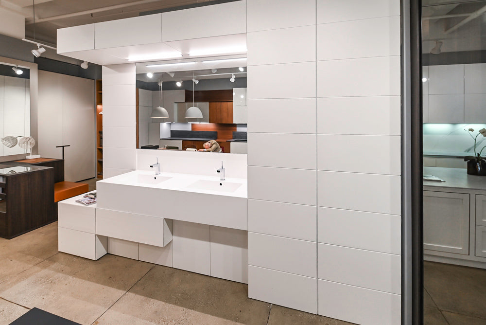 White Modern Vanity Set with Double Sinks and Matching Wardrobe Closet System