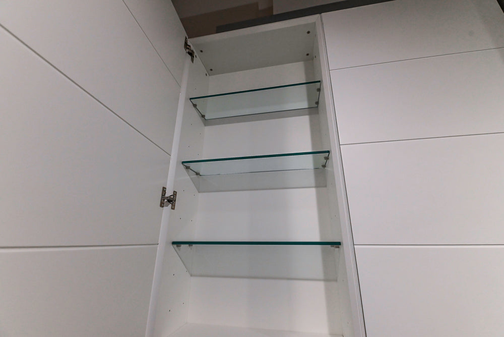 White Modern Vanity Set with Double Sinks and Matching Wardrobe Closet System