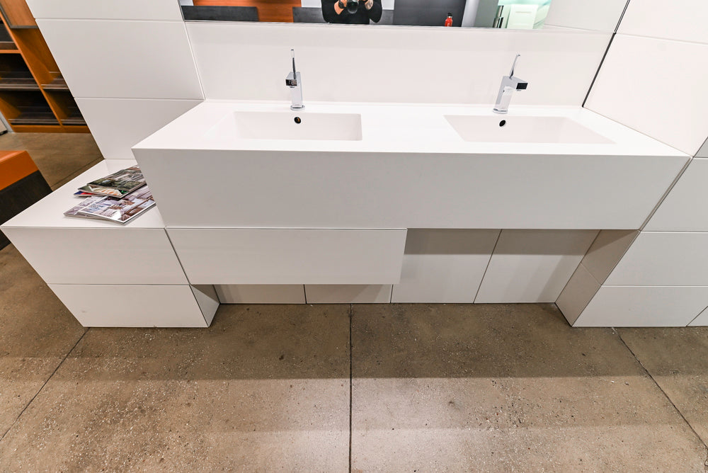 White Modern Vanity Set with Double Sinks and Matching Wardrobe Closet System