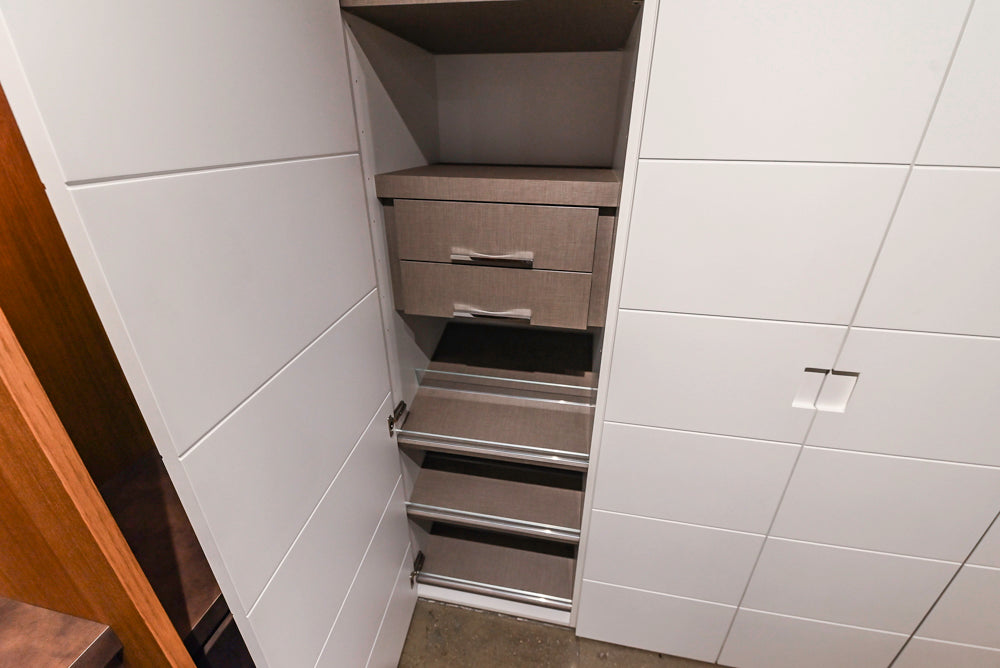 White Modern Vanity Set with Double Sinks and Matching Wardrobe Closet System