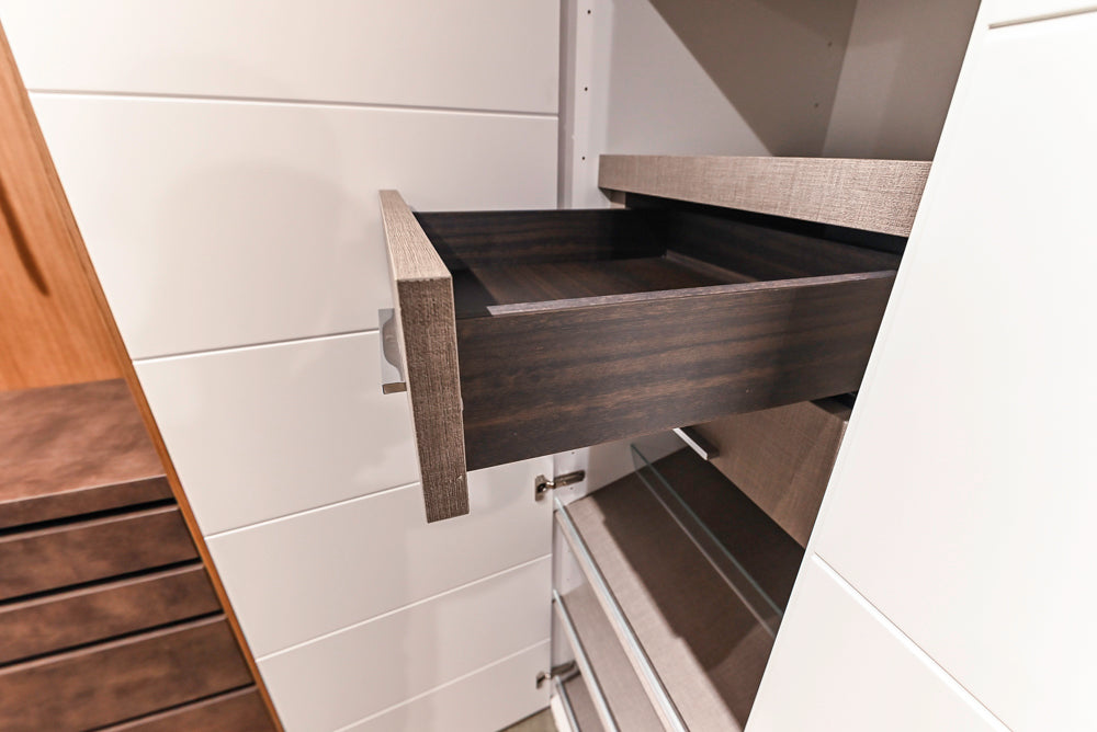 White Modern Vanity Set with Double Sinks and Matching Wardrobe Closet System