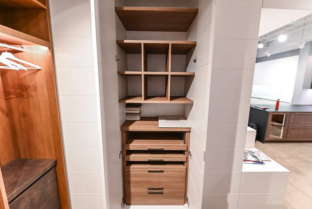 White Modern Vanity Set with Double Sinks and Matching Wardrobe Closet System