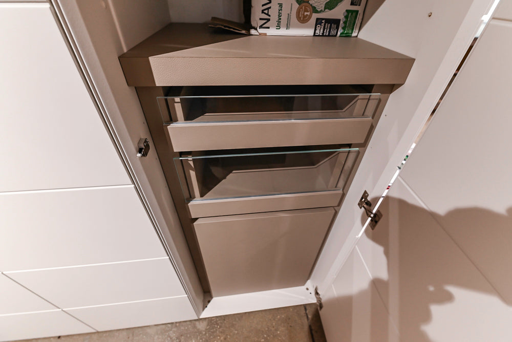 White Modern Vanity Set with Double Sinks and Matching Wardrobe Closet System