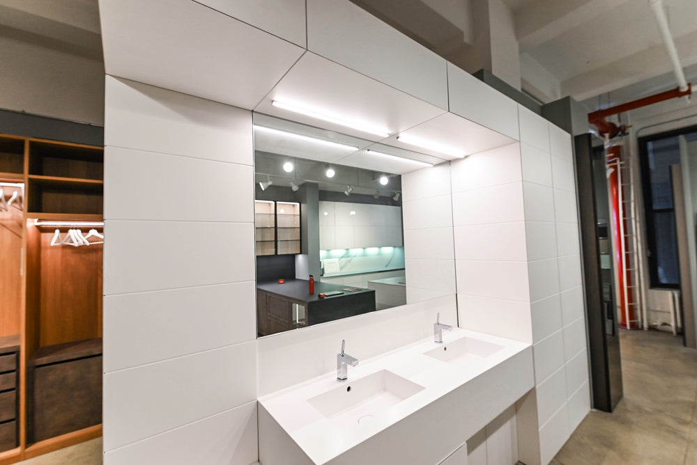 White Modern Vanity Set with Double Sinks and Matching Wardrobe Closet System