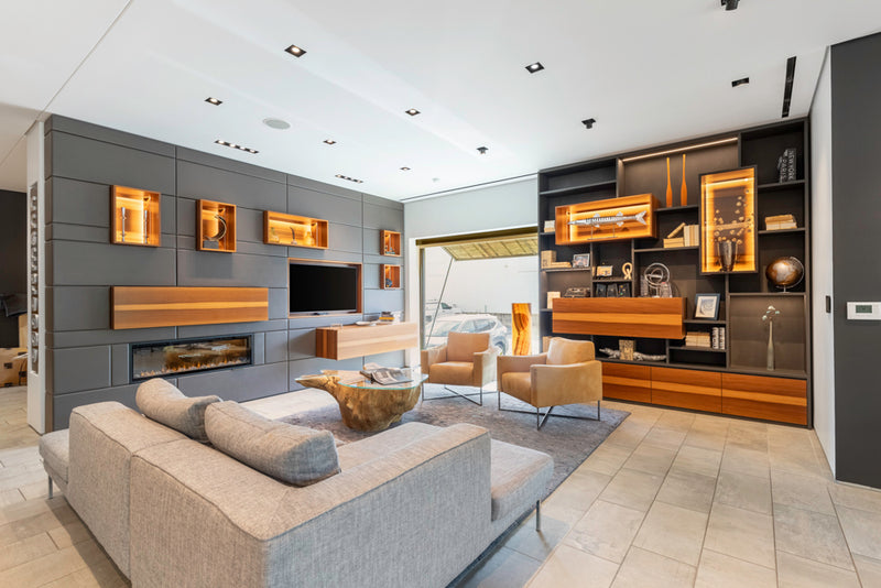 eggersmann USA Schmalenbach Modern Larch Smoked Veneer with Grey Parsol Glass Entertainment System