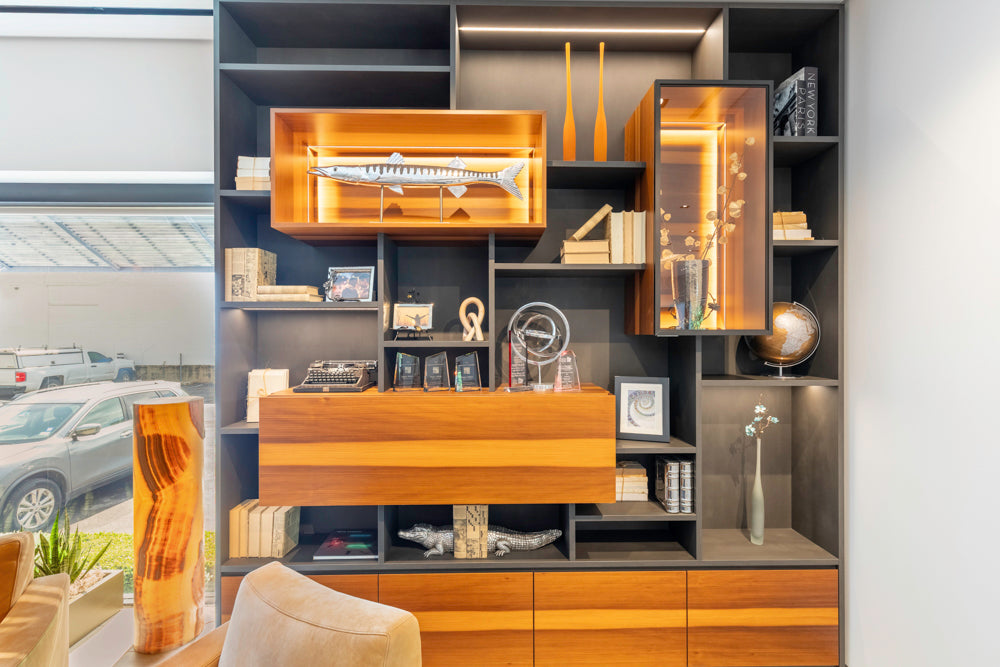 eggersmann USA Schmalenbach Modern Larch Smoked Veneer with Grey Parsol Glass Entertainment System