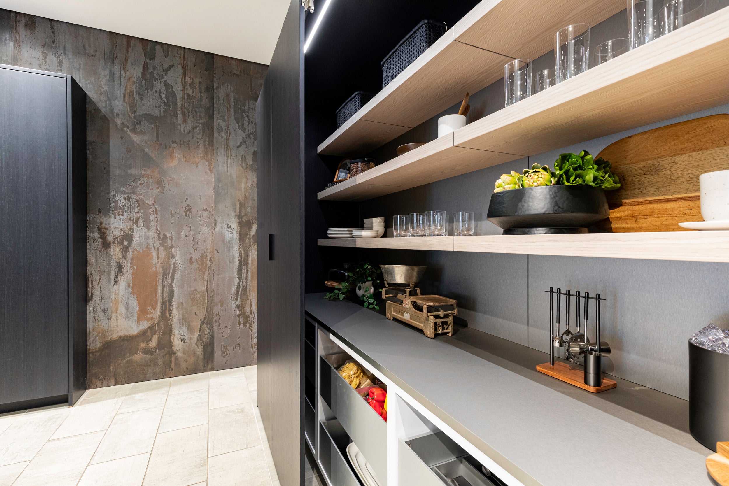 eggersmann USA E-Line Graphite Black Bi-Fold Pocket Door Pantry Wall