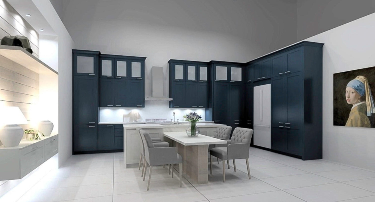 Häcker Velvet Blue & Light Grey Modern Kitchen with Island and Stone Countertops