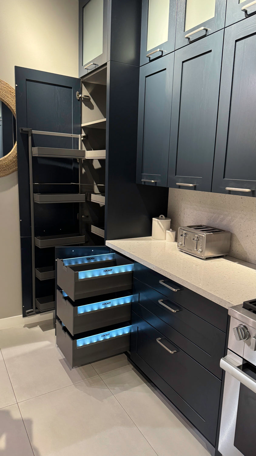 Häcker Velvet Blue & Light Grey Modern Kitchen with Island and Stone Countertops