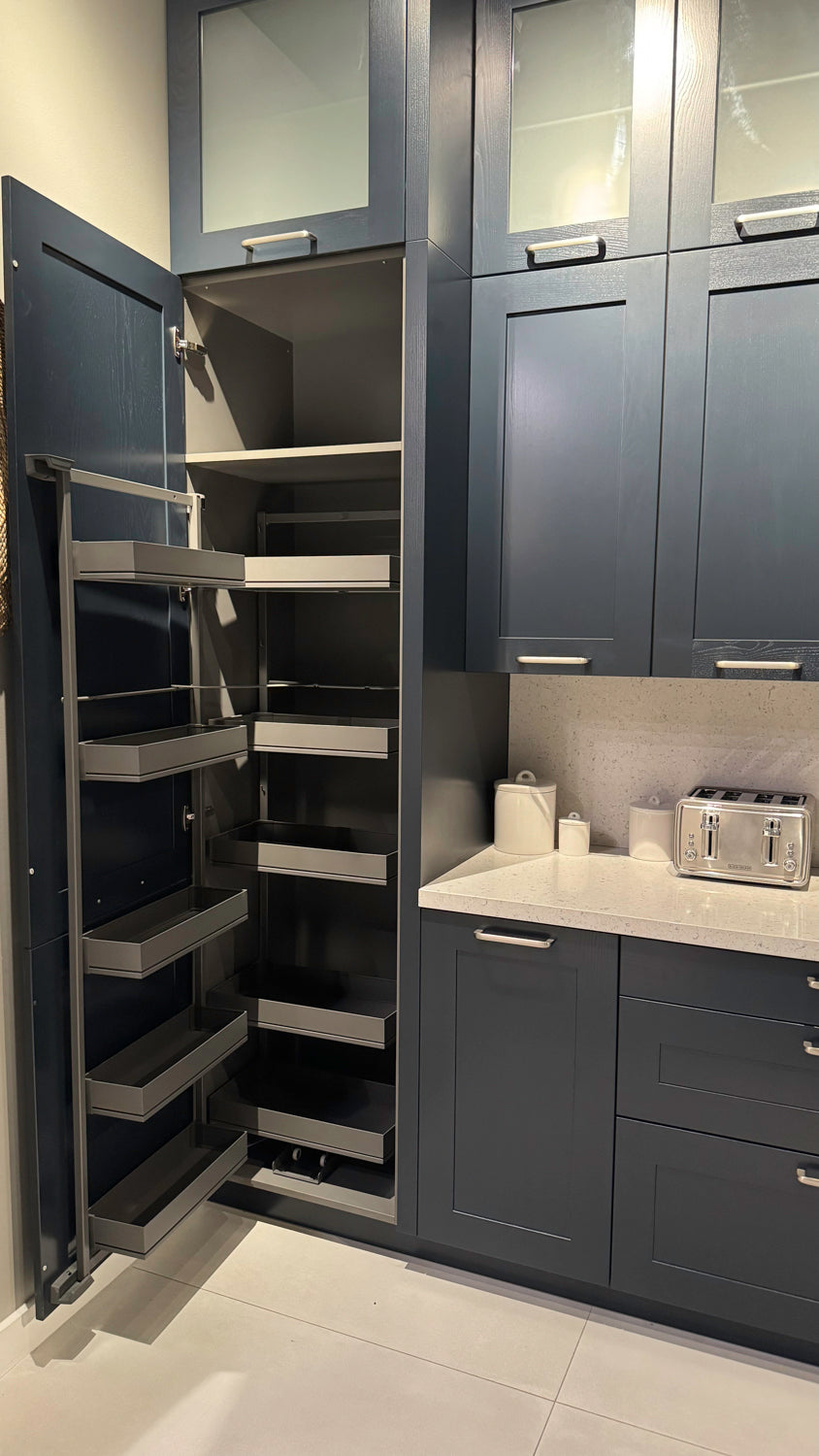 Häcker Velvet Blue & Light Grey Modern Kitchen with Island and Stone Countertops