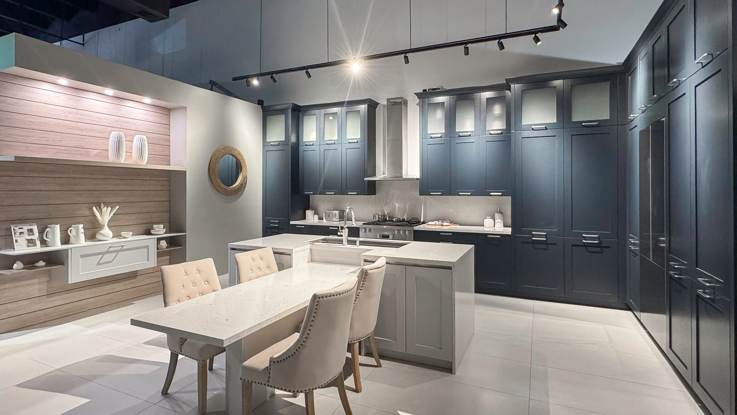 Häcker Velvet Blue & Light Grey Modern Kitchen with Island and Stone Countertops