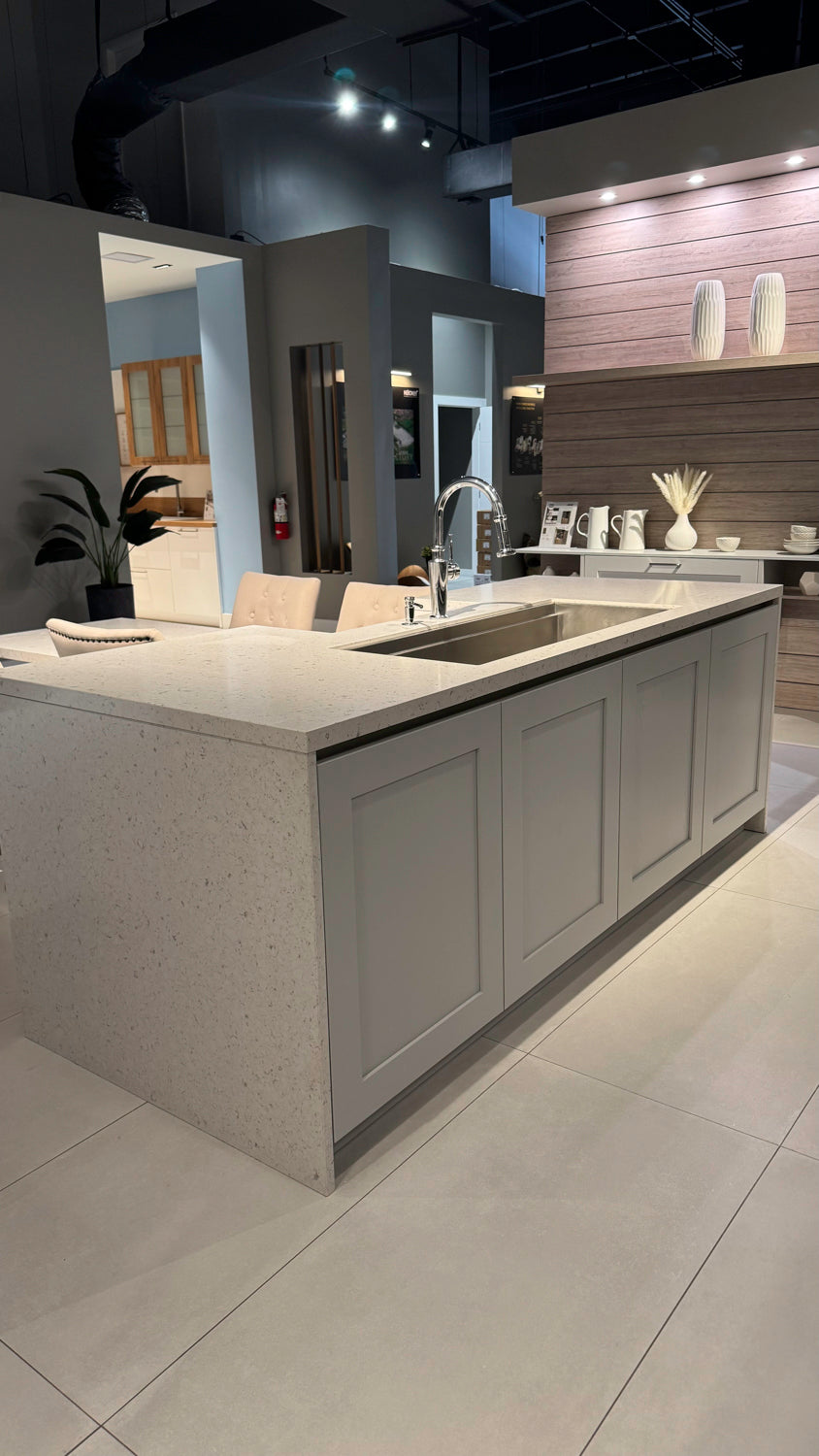 Häcker Velvet Blue & Light Grey Modern Kitchen with Island and Stone Countertops