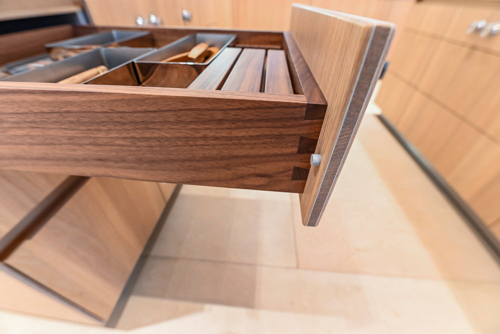 Bulthaup Modern Light Wood Veneer Paneled & Stainless Steel Top Island