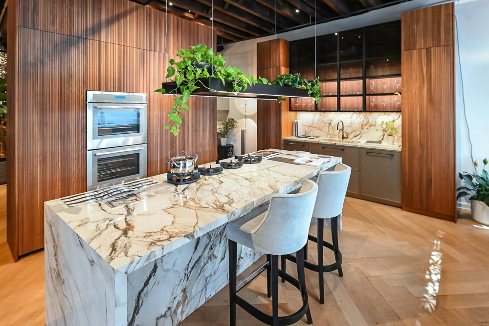 Key Cucine Modern Wood Veneered Kitchen with Neolith Island & Appliances