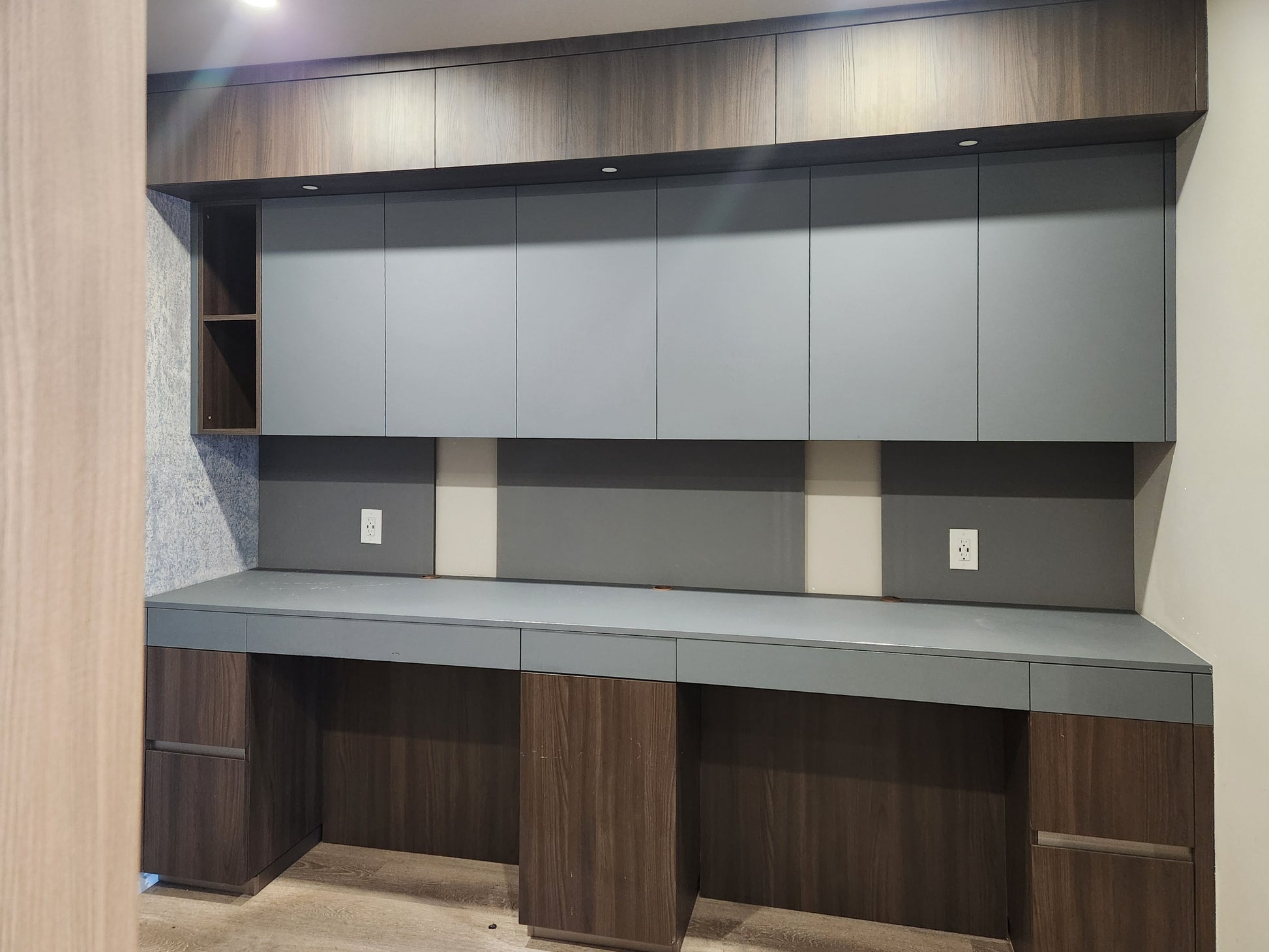 copatlife Modern Matte Grey and Dark Wood Veneer Built-In Two-Person Desk System with Storage