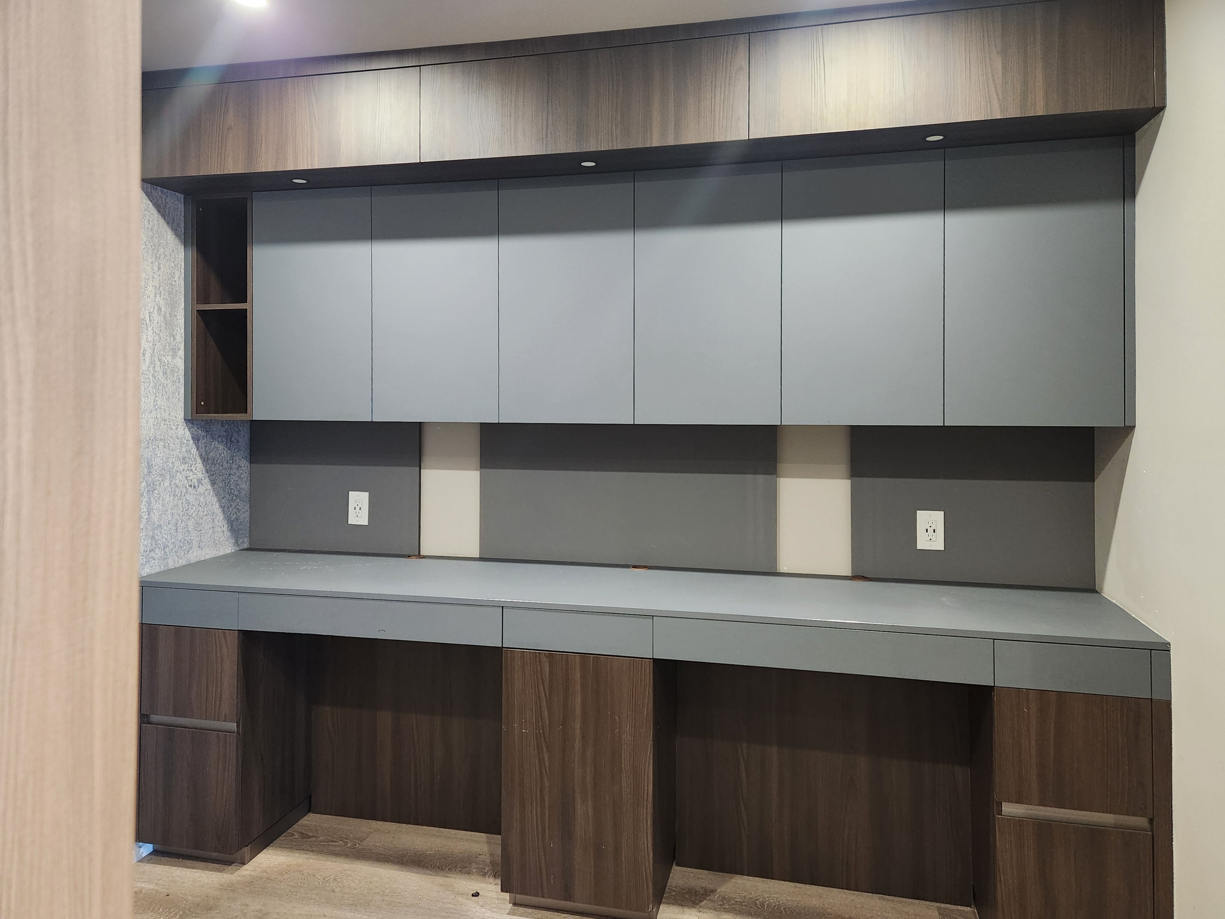 copatlife Modern Matte Grey and Dark Wood Veneer Built-In Two-Person Desk System with Storage