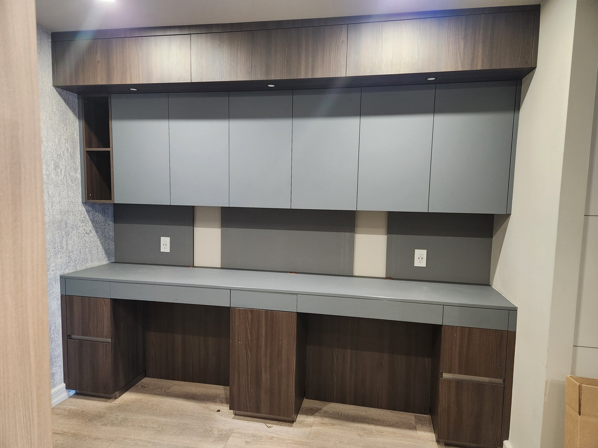 copatlife Modern Matte Grey and Dark Wood Veneer Built-In Two-Person Desk System with Storage