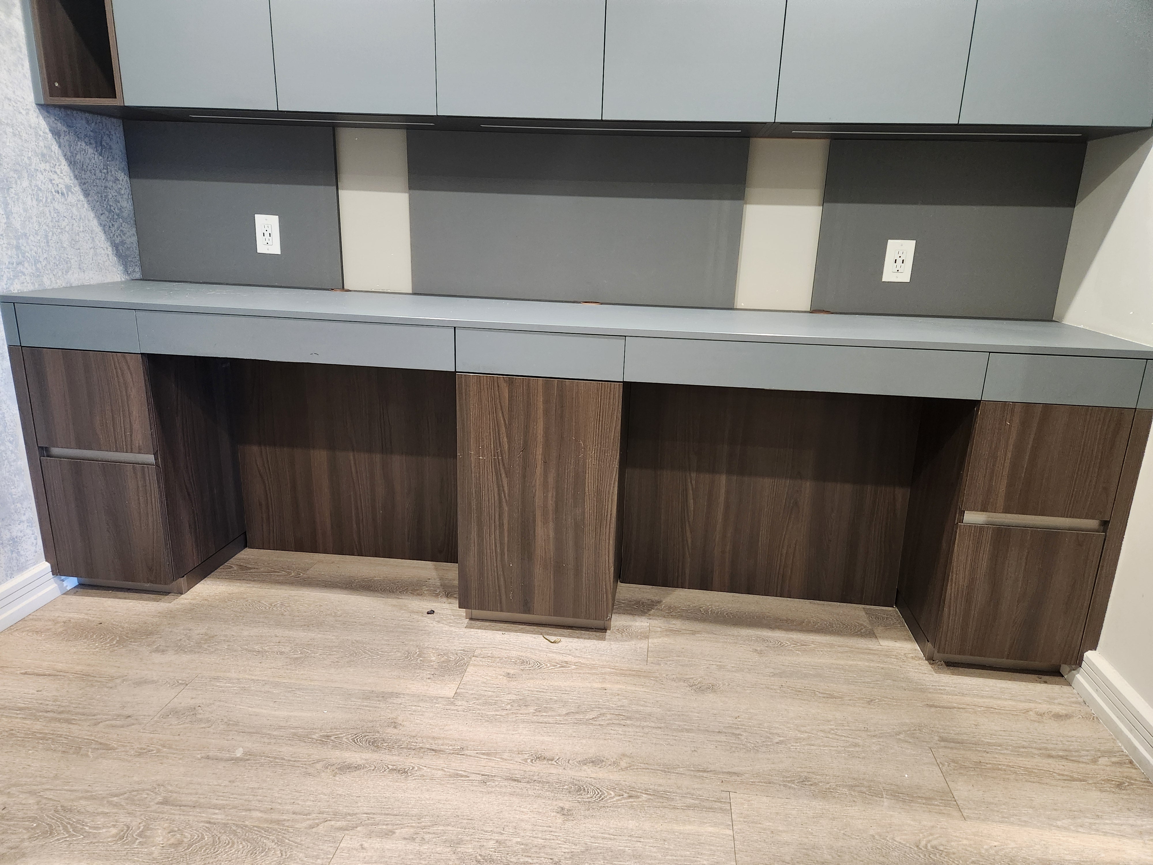 copatlife Modern Matte Grey and Dark Wood Veneer Built-In Two-Person Desk System with Storage