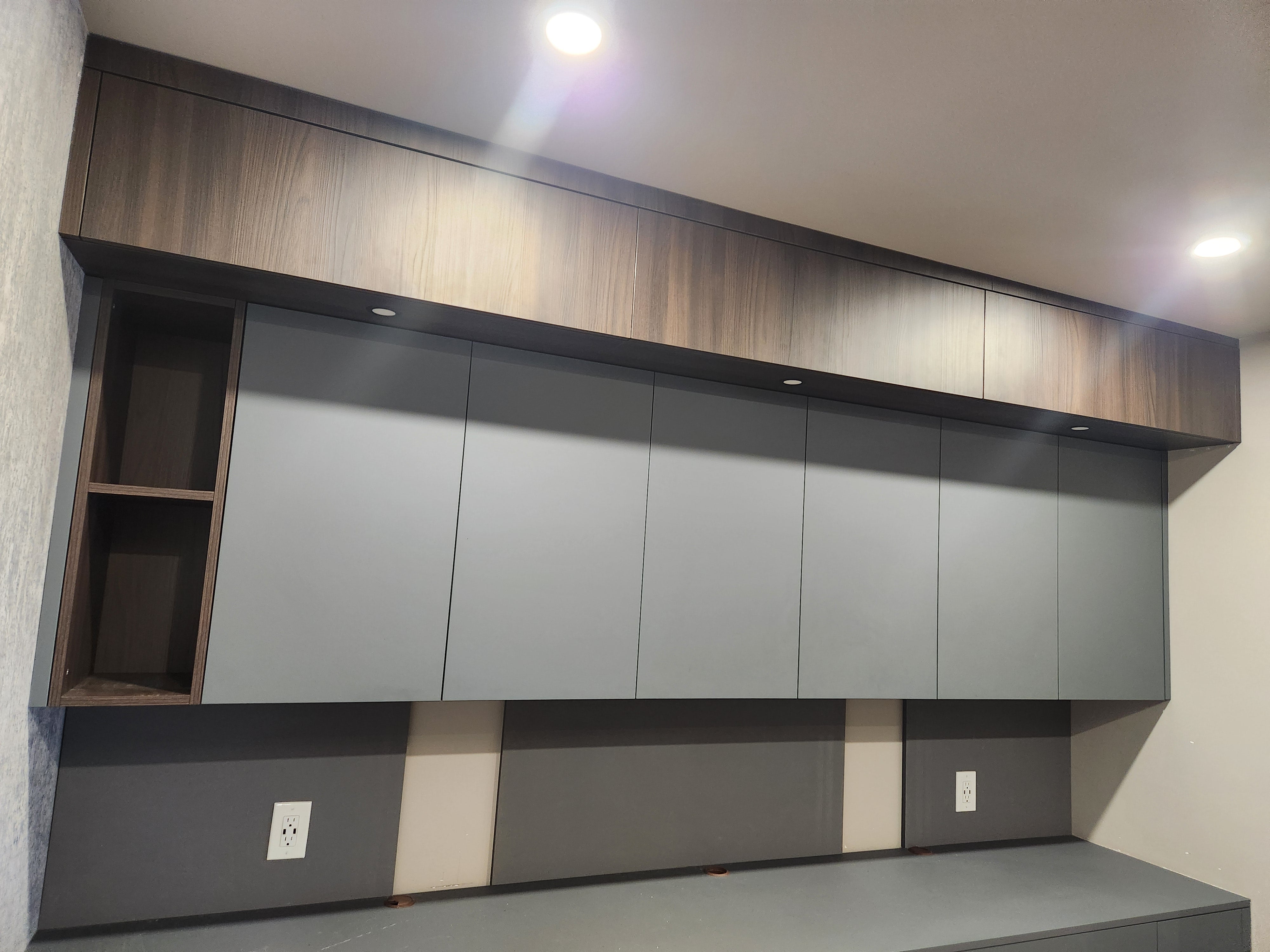 copatlife Modern Matte Grey and Dark Wood Veneer Built-In Two-Person Desk System with Storage