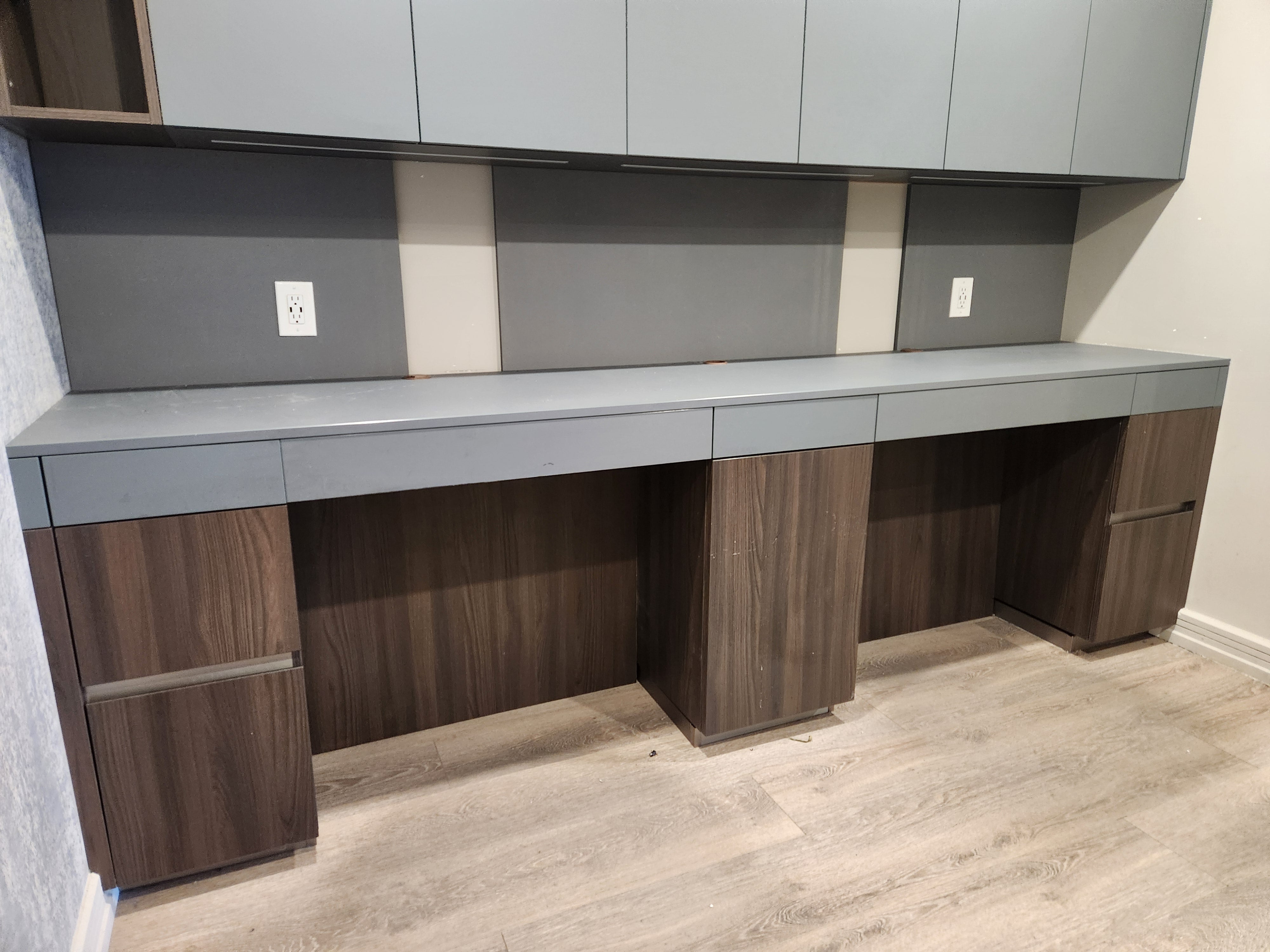 copatlife Modern Matte Grey and Dark Wood Veneer Built-In Two-Person Desk System with Storage