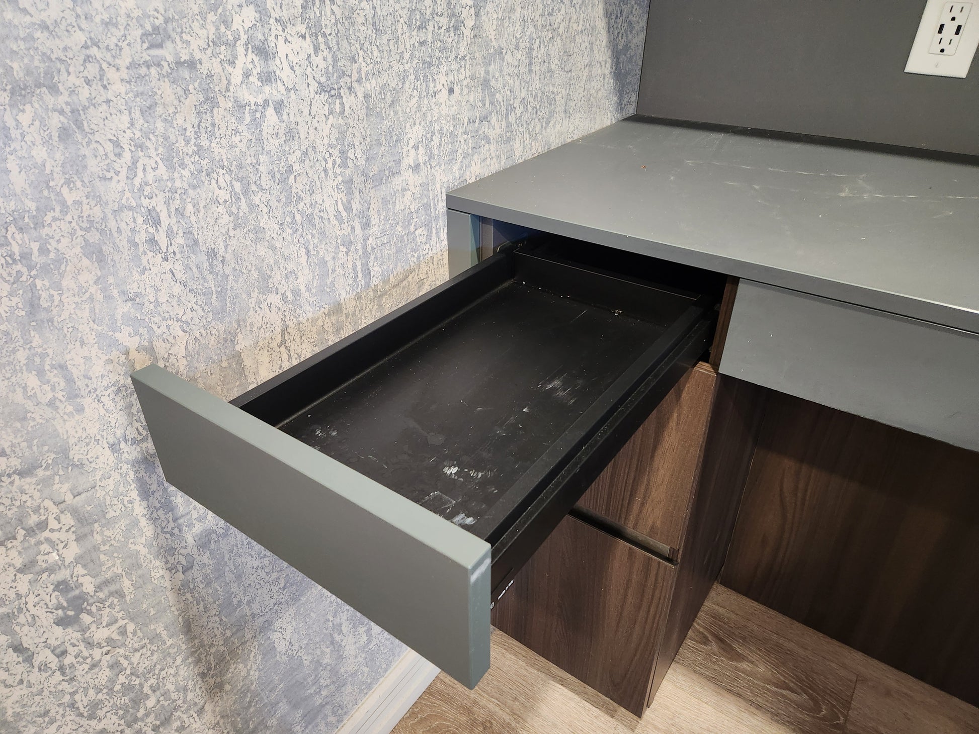 copatlife Modern Matte Grey and Dark Wood Veneer Built-In Two-Person Desk System with Storage