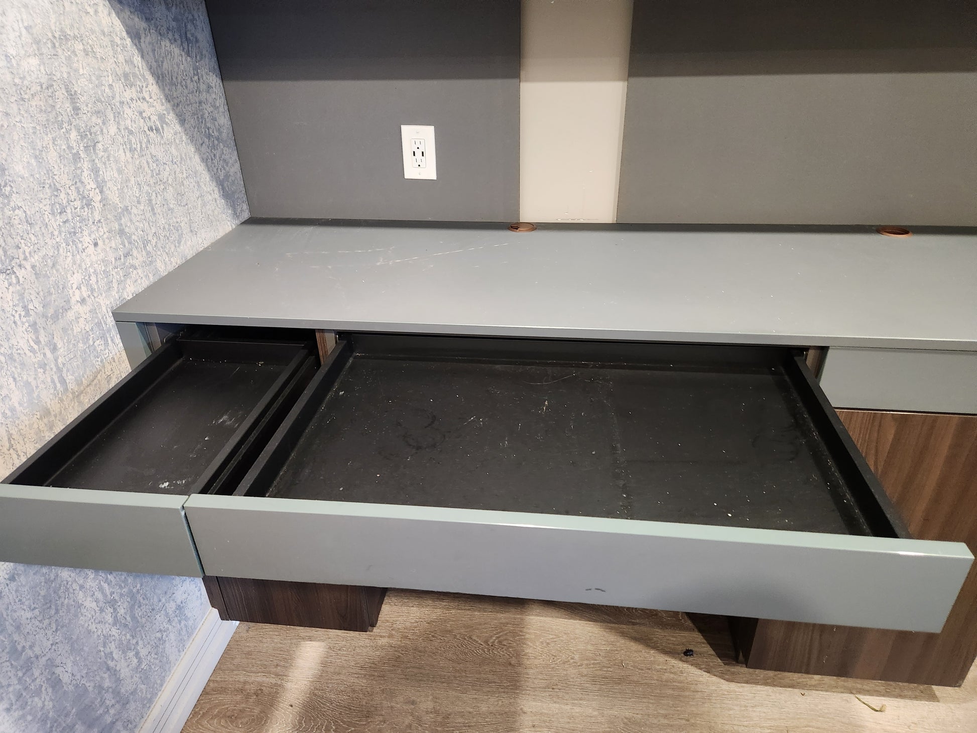 copatlife Modern Matte Grey and Dark Wood Veneer Built-In Two-Person Desk System with Storage