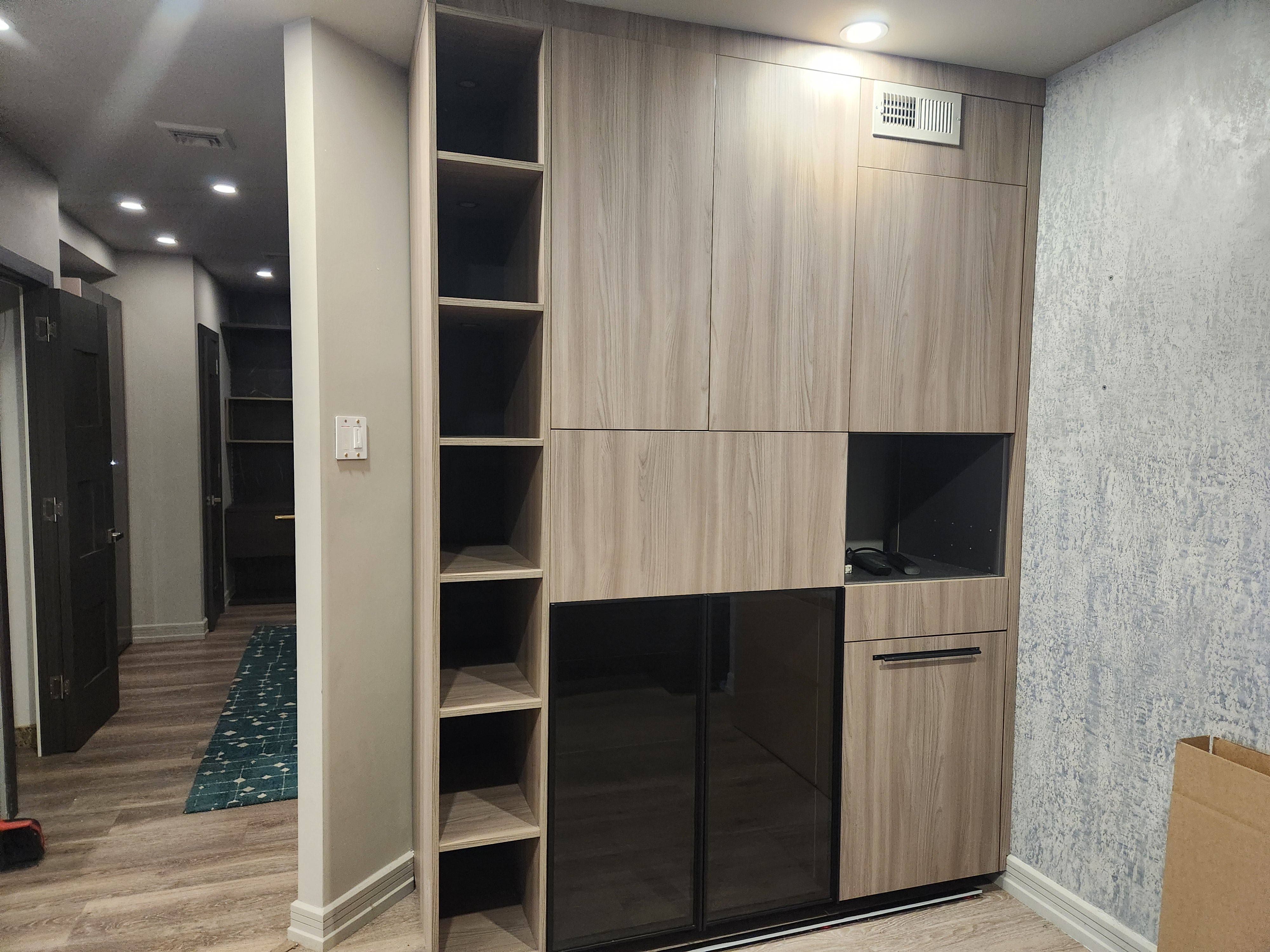 copatlife Modern Elm Biondo Veneer Pantry with Smoked Bronze Glass Cabinet