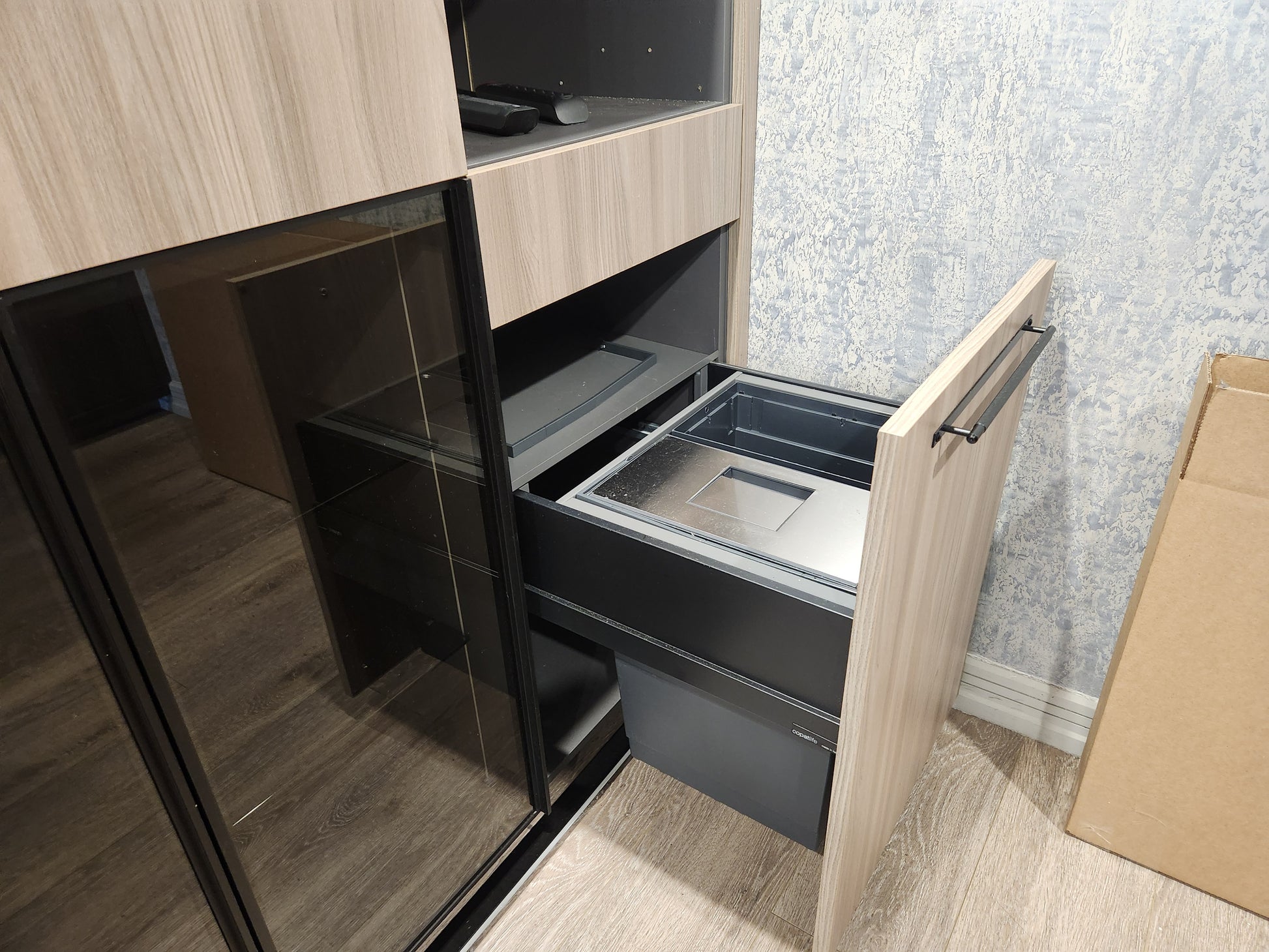 copatlife Modern Elm Biondo Veneer Pantry with Smoked Bronze Glass Cabinet