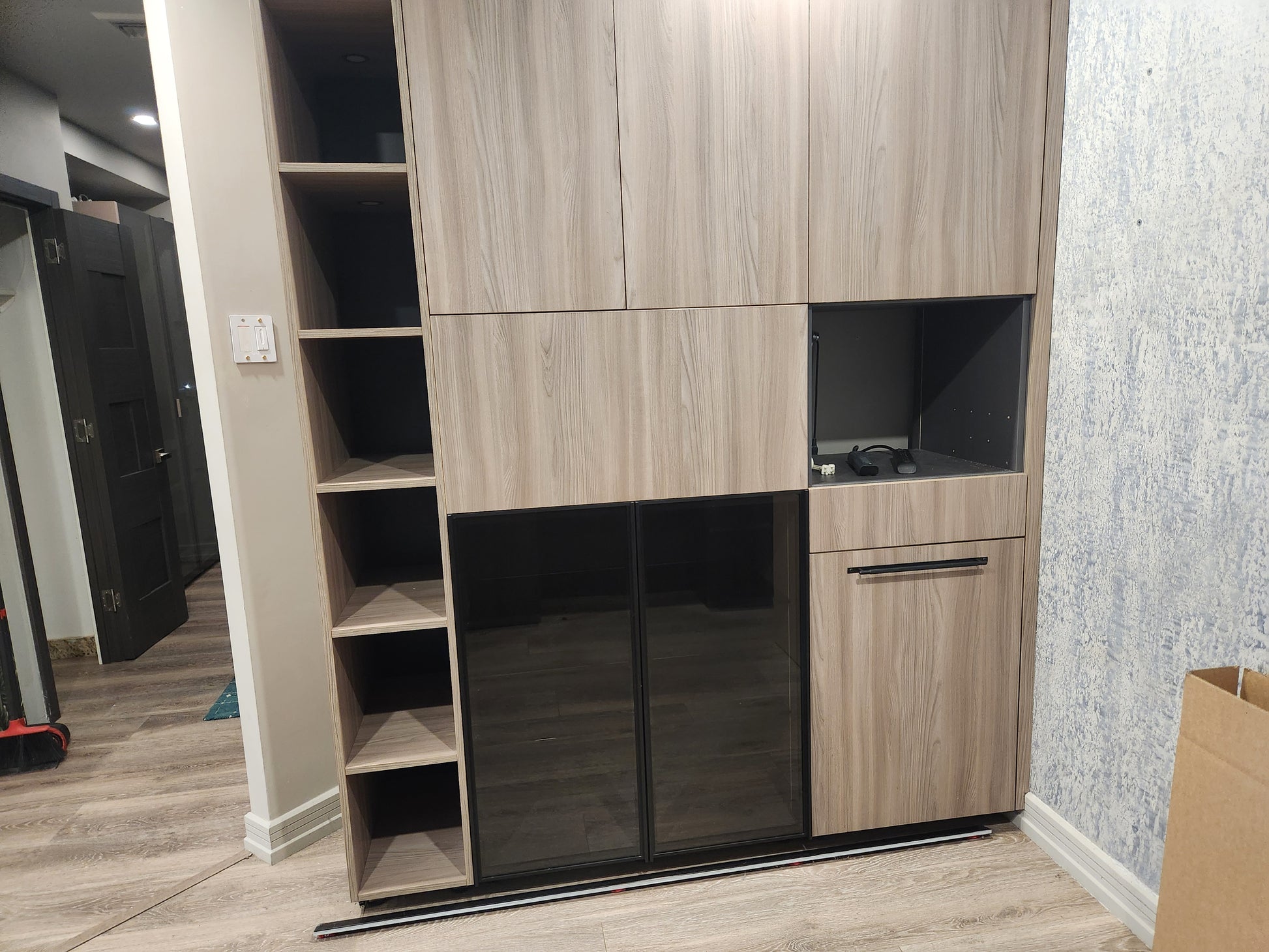 copatlife Modern Elm Biondo Veneer Pantry with Smoked Bronze Glass Cabinet