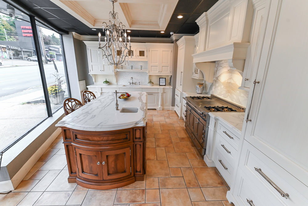 Showcase Transitional White Kitchen with Marble Countertops and La Cornue Chateau 120 Range with French Top