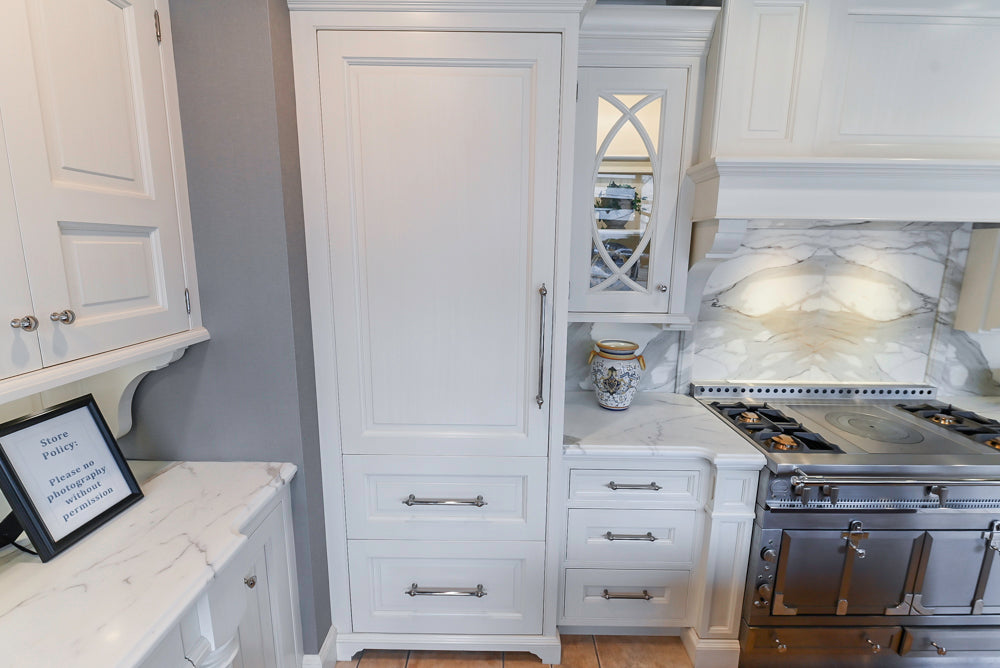 Showcase Transitional White Kitchen with Marble Countertops and La Cornue Chateau 120 Range with French Top