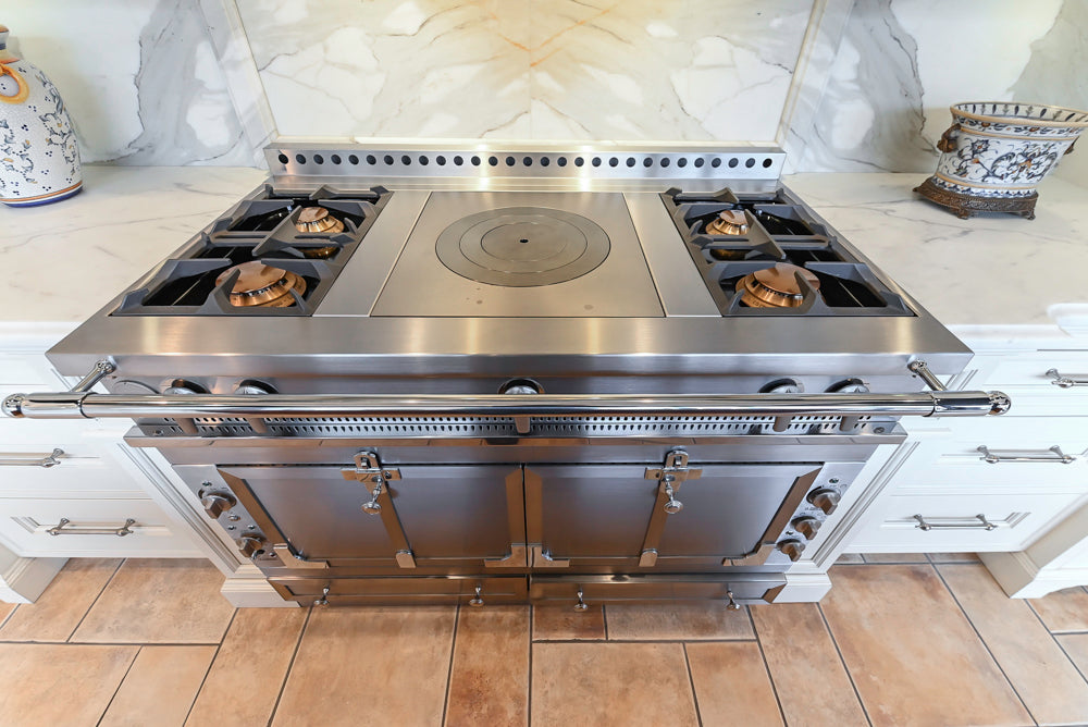 Showcase Transitional White Kitchen with Marble Countertops and La Cornue Chateau 120 Range with French Top