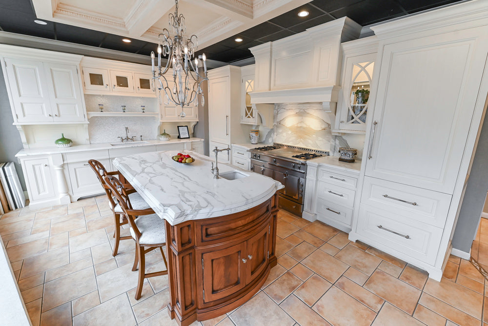 Showcase Transitional White Kitchen with Marble Countertops and La Cornue Chateau 120 Range with French Top