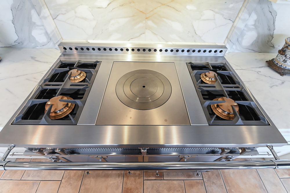 Showcase Transitional White Kitchen with Marble Countertops and La Cornue Chateau 120 Range with French Top