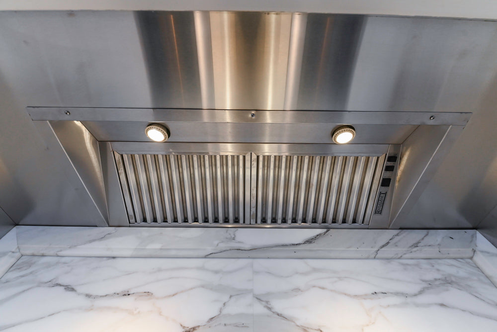 Showcase Transitional White Kitchen with Marble Countertops and La Cornue Chateau 120 Range with French Top