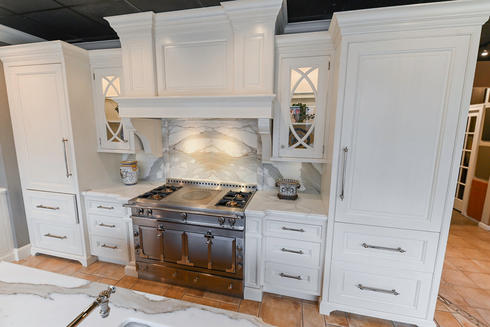 Showcase Transitional White Kitchen with Marble Countertops and La Cornue Chateau 120 Range with French Top