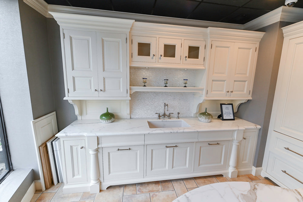 Showcase Transitional White Kitchen with Marble Countertops and La Cornue Chateau 120 Range with French Top