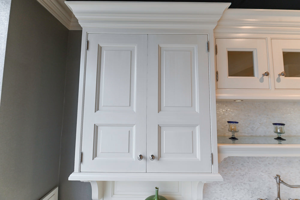 Showcase Transitional White Kitchen with Marble Countertops and La Cornue Chateau 120 Range with French Top