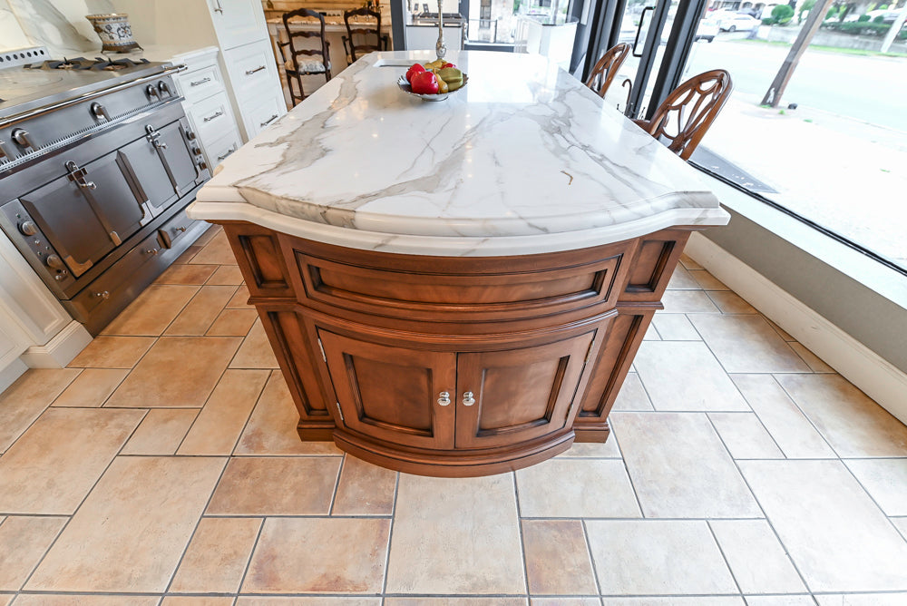 Showcase Transitional White Kitchen with Marble Countertops and La Cornue Chateau 120 Range with French Top