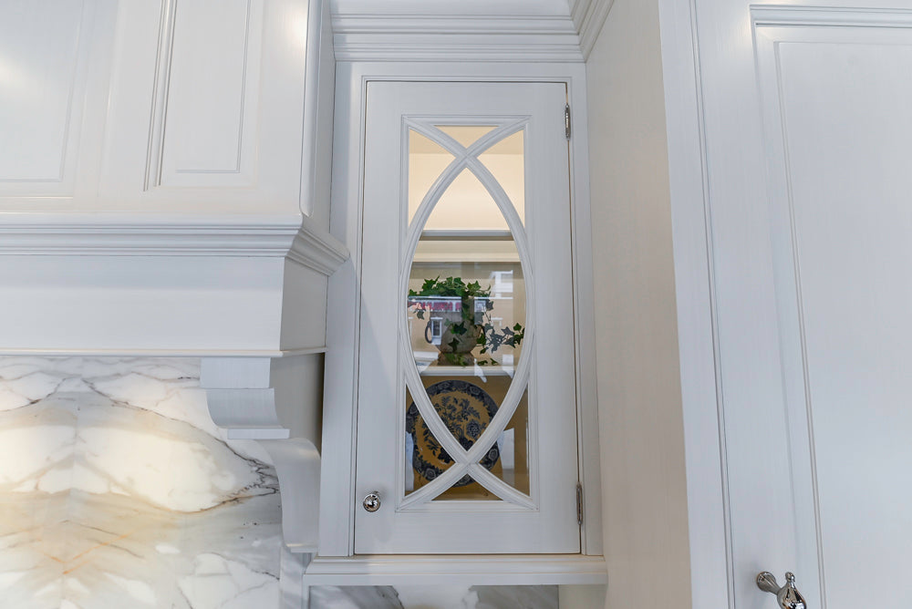 Showcase Transitional White Kitchen with Marble Countertops and La Cornue Chateau 120 Range with French Top