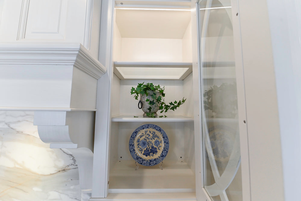 Showcase Transitional White Kitchen with Marble Countertops and La Cornue Chateau 120 Range with French Top